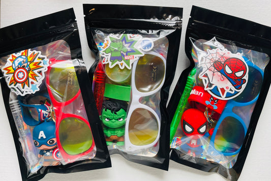 Avengers Party Favor Bag – Superhero Goodie Bag with Keychain, Sunglasses, Stickers, Slime & Bubbles