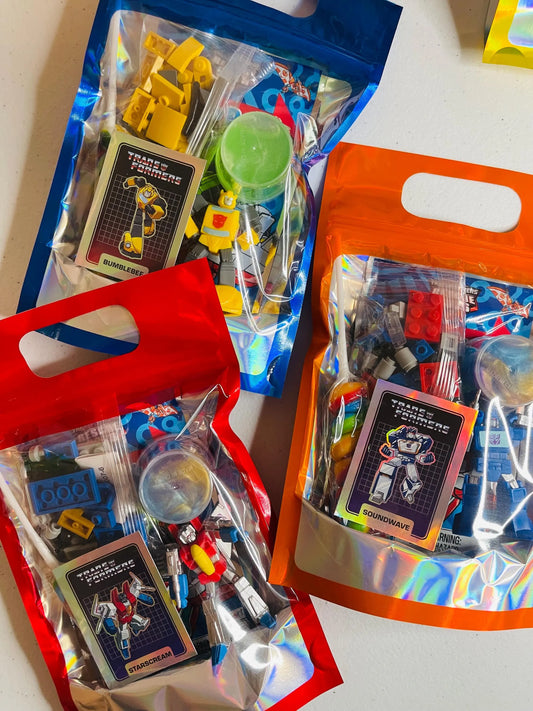 Transformer Party Favor Bag – Mini Action Figure, Robot Builder, Slime, Lollipop & Sticker Card – Boys Birthday Goodie Bag